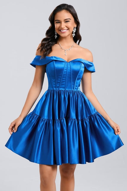 Princesse épaule dénudée court satin robe de bal de promo - gallery 1