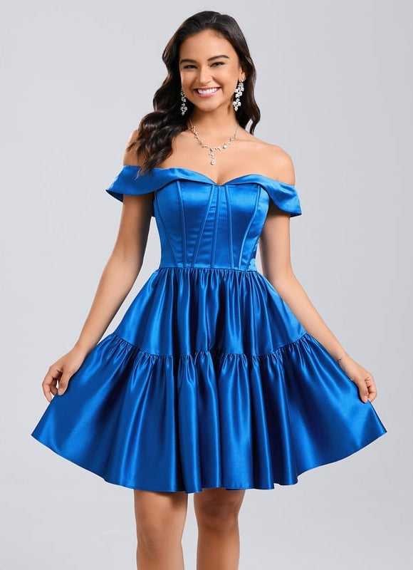 Princesse épaule dénudée court satin robe de bal de promo - gallery 1