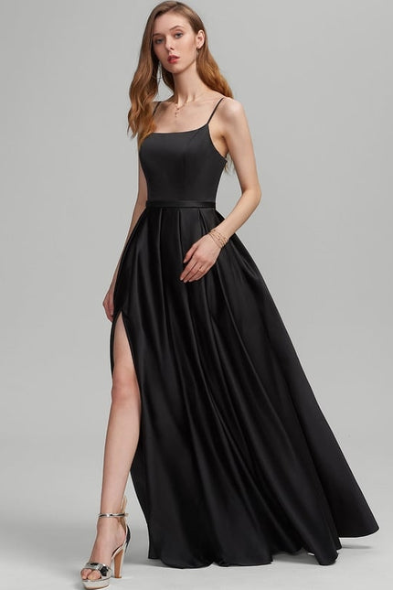 Trapèze col carré longueur ras du sol satin robe de demoiselle d'honneur - gallery 1