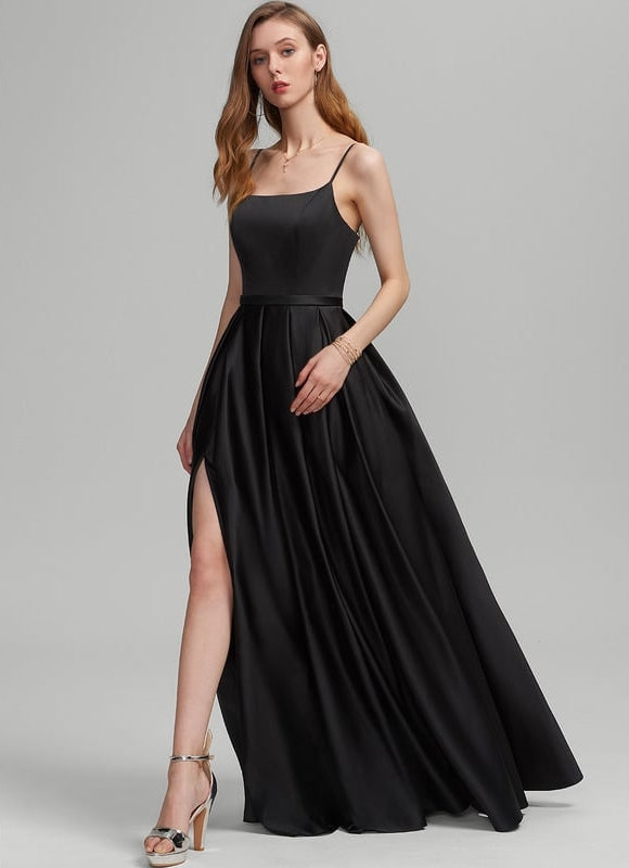 Trapèze col carré longueur ras du sol satin robe de demoiselle d'honneur - gallery 1
