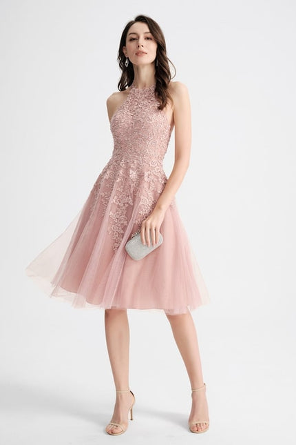 Trapèze col rond longueur genou tulle dentelle robe de bal de promo - gallery 3