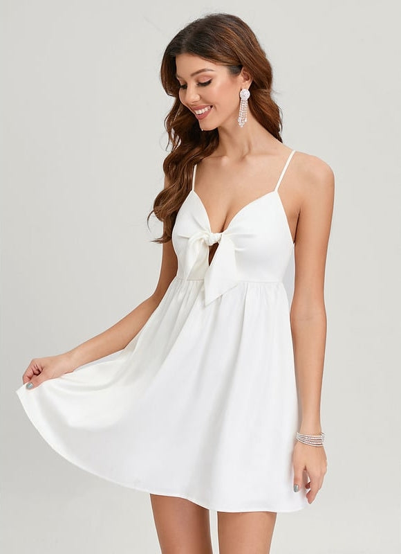 Trapèze col v mini satin de soie robe de bal de promo avec nœud - gallery 3