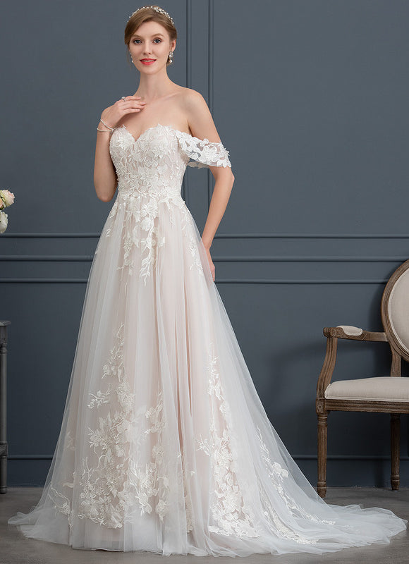 Princesse col cœur traîne balayage tulle dentelle robe de mariée - gallery 3