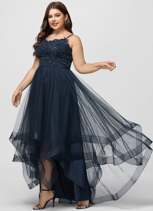 Princesse col rond asymétrique dentelle robe de bal avec paillettes - gallery 5