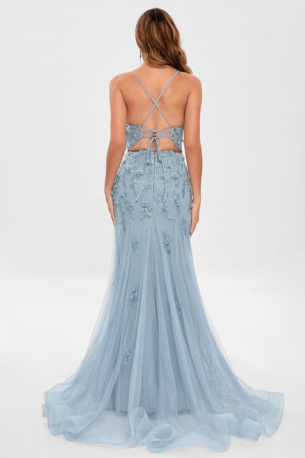Sirène col droit traîne balayage tulle robe de bal avec fleurs - gallery 5