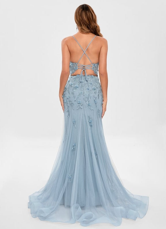 Sirène col droit traîne balayage tulle robe de bal avec fleurs - gallery 5