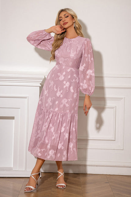 Robe à volants jacquard col rond trapèze mousseline midi - gallery 4