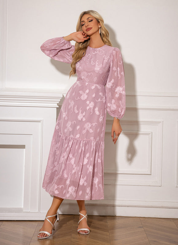 Robe à volants jacquard col rond trapèze mousseline midi - gallery 4