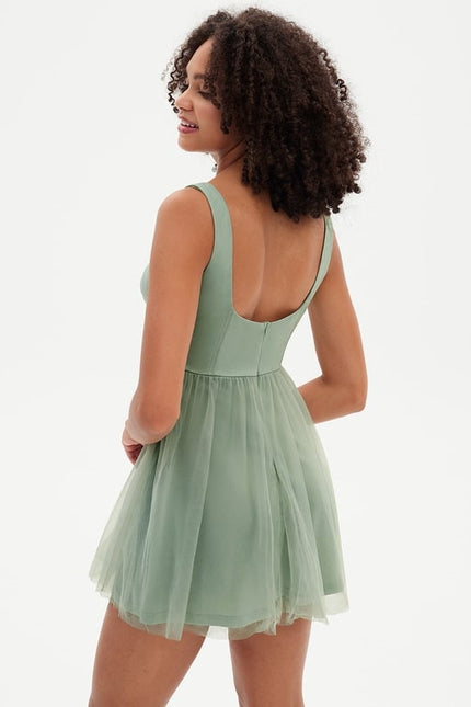 Trapèze col v mini tulle robe de bal de promo - gallery 1