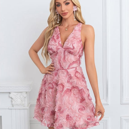 Trapèze col v mini tulle robe de bal de promo avec fleurs