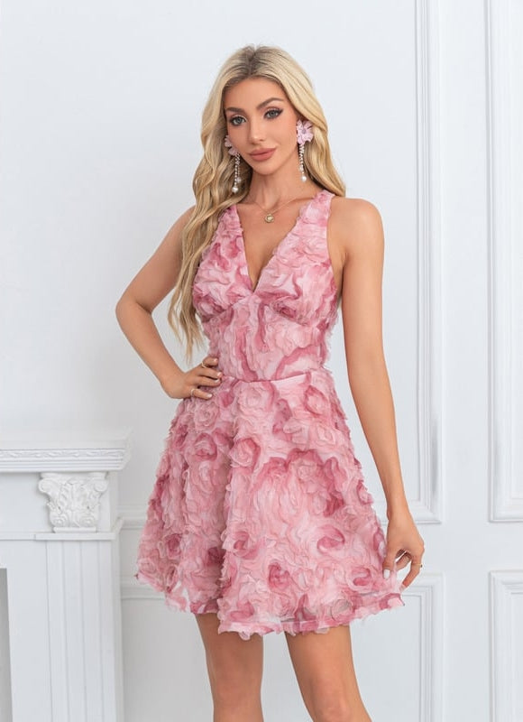 Trapèze col v mini tulle robe de bal de promo avec fleurs