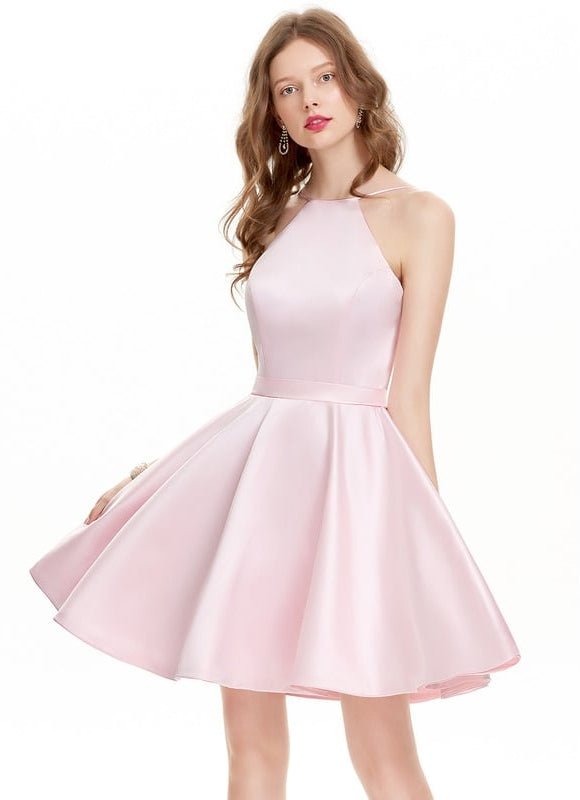 Trapèze col rond court satin robe de bal de promo
