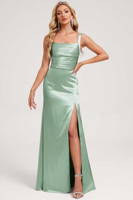 Sirène col carré longueur ras du sol satin extensible robe de demoiselle d'honneur