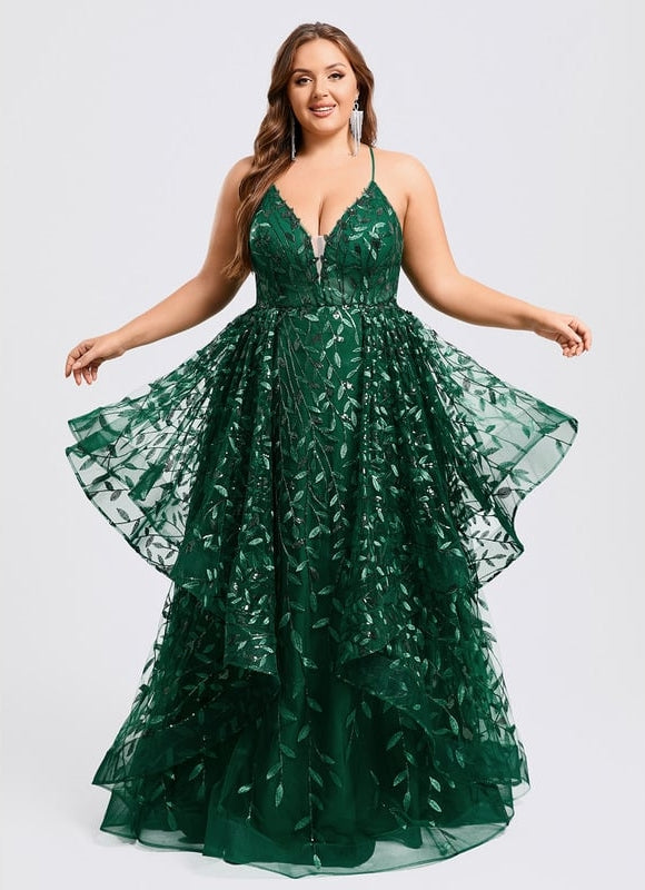 Princesse col v longueur ras du sol dentelle floral robe de bal avec paillettes - gallery 7