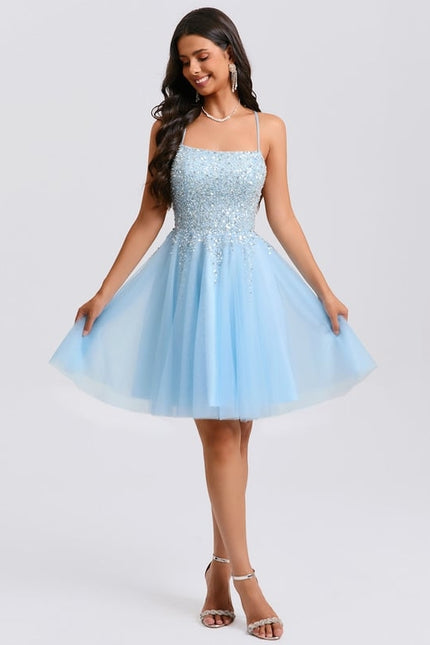 Trapèze col rond court tulle paillette robe de bal de promo avec paillettes perles - gallery 6