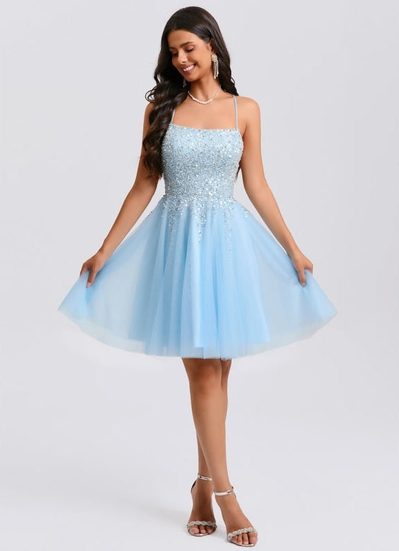 Trapèze col rond court tulle paillette robe de bal de promo avec paillettes perles - gallery 6