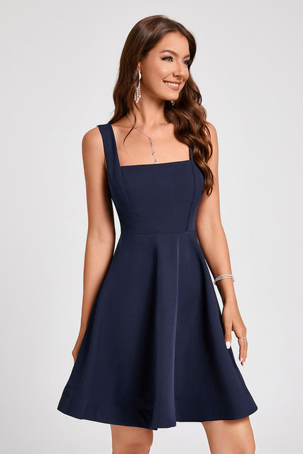Trapèze col carré longueur genou crêpe extensible robe de cocktail - gallery 5