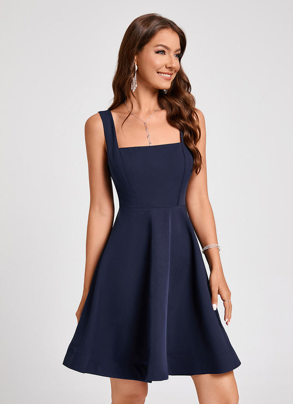 Trapèze col carré longueur genou crêpe extensible robe de cocktail - gallery 5