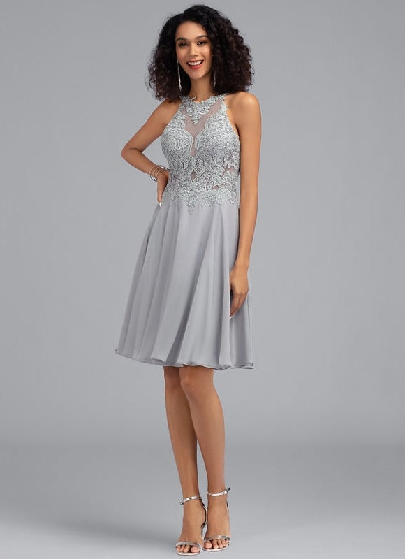 Trapèze col rond longueur genou dentelle mousseline robe de bal de promo avec paillettes - gallery 1