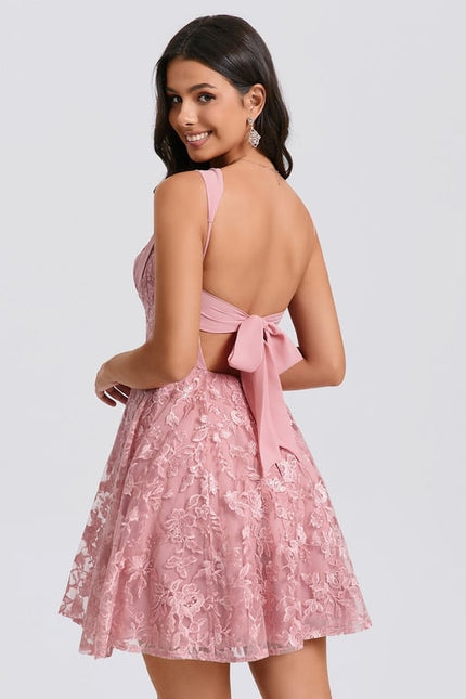 Trapèze col carré mini dentelle robe de bal de promo avec nœud paillettes - gallery 2