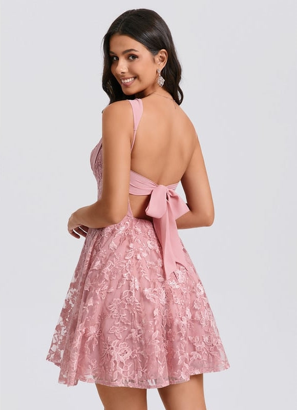 Trapèze col carré mini dentelle robe de bal de promo avec nœud paillettes - gallery 2