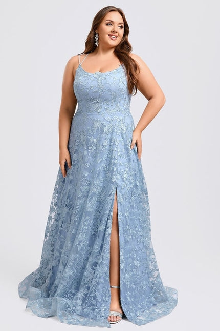 Trapèze col rond longueur ras du sol dentelle floral robe de bal avec paillettes - gallery 7