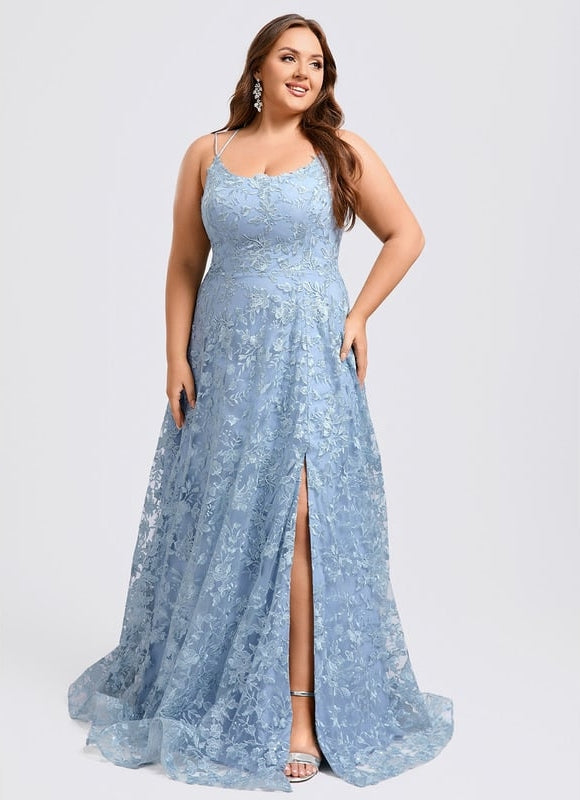 Trapèze col rond longueur ras du sol dentelle floral robe de bal avec paillettes - gallery 7