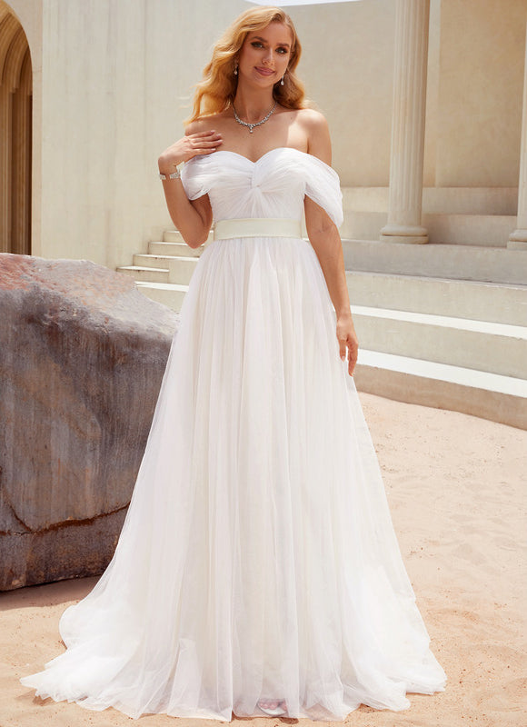 Princesse épaule dénudée traîne balayage tulle robe de mariée - gallery 6