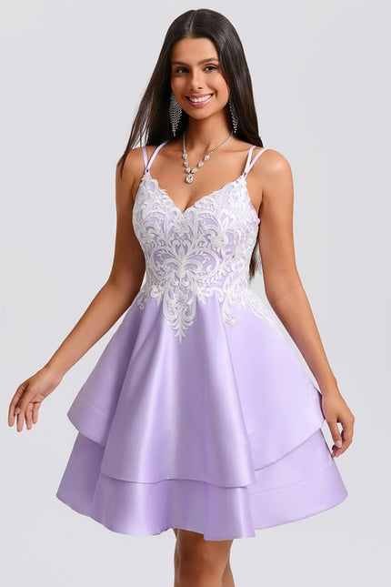 Trapèze col v court satin robe de bal de promo avec appliques de dentelle - gallery 4