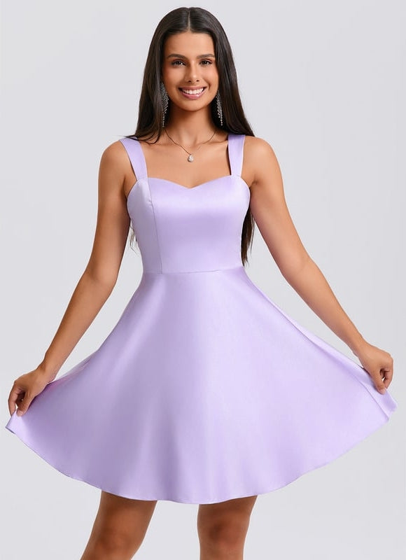 Trapèze col cœur court satin robe de bal de promo avec nœud - gallery 3