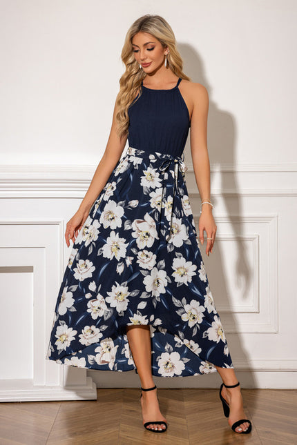 Robe imprimé fleur licou trapèze mousseline polyester asymétrique midi - gallery 5