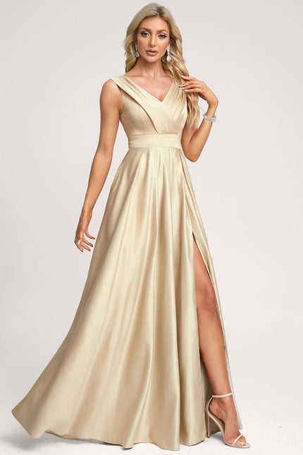 Trapèze col v longueur ras du sol satin robe de demoiselle d'honneur - gallery 3