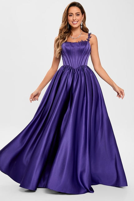Princesse col rond longueur ras du sol satin robe de bal avec appliques de dentelle perles - gallery 1