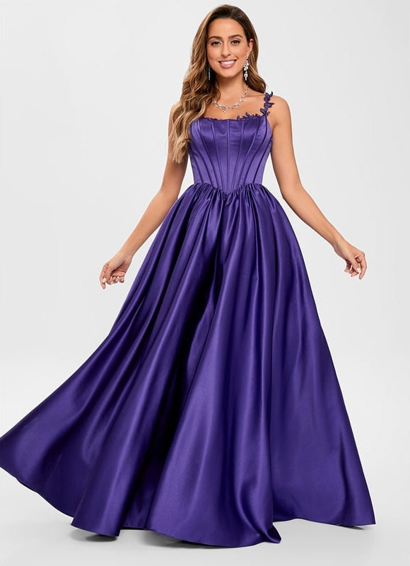 Princesse col rond longueur ras du sol satin robe de bal avec appliques de dentelle perles - gallery 1