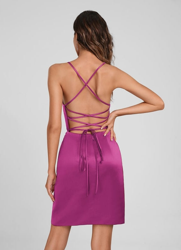 Moulante col carré court satin robe de bal de promo - gallery 9