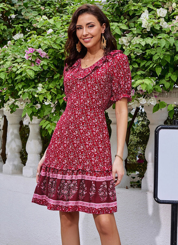 Robe imprimé fleur col rond trapèze rayonne mini - gallery 3