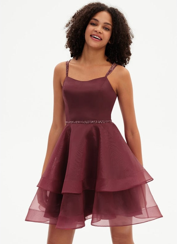 Trapèze col rond court organza robe de bal de promo avec perles paillettes - gallery 3