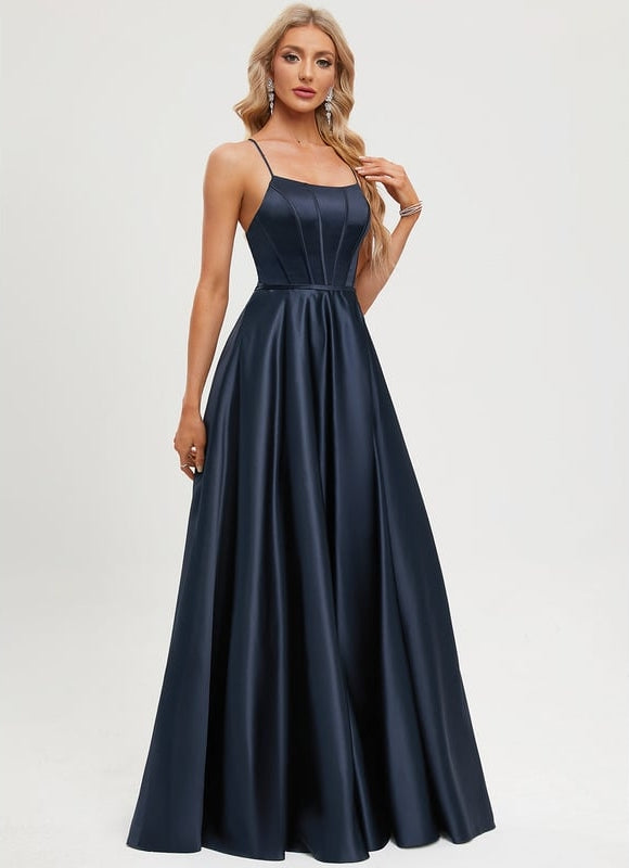 Trapèze col rond longueur ras du sol satin robe de bal - gallery 6