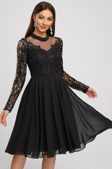 Trapèze col rond longueur genou dentelle mousseline robe de cocktail avec paillettes - gallery 3