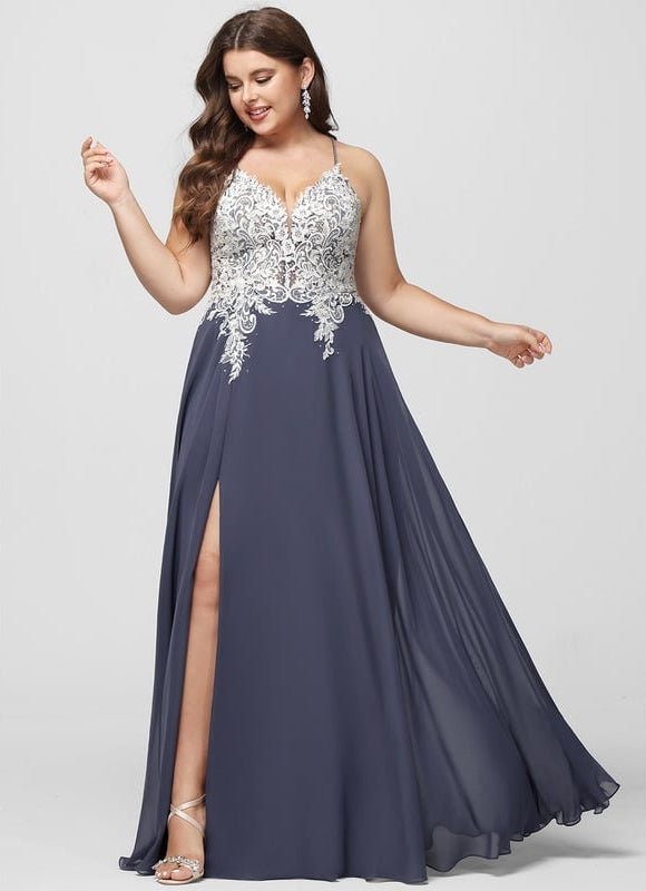 Trapèze col v longueur ras du sol mousseline robe de bal avec perles paillettes - gallery 4