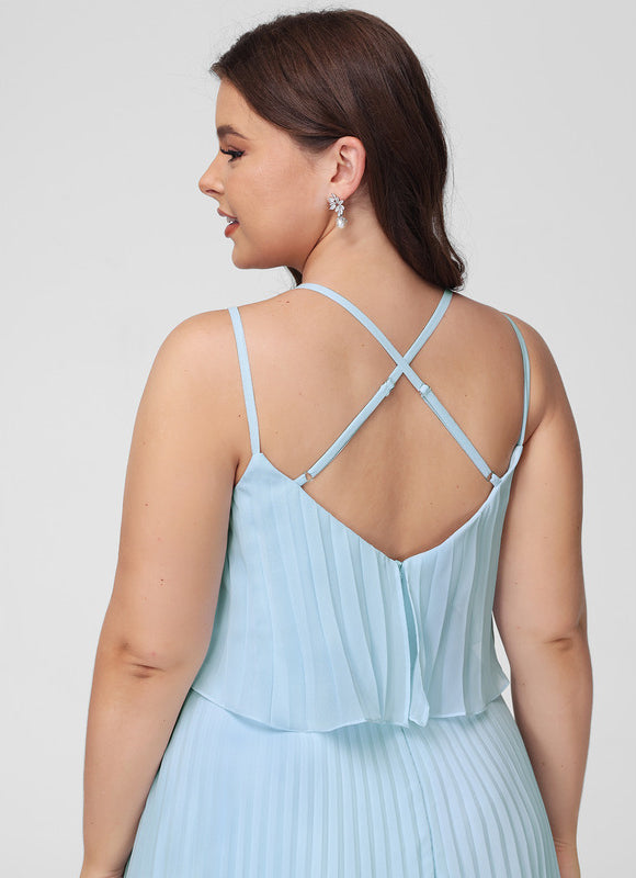 Trapèze col v longueur mollet mousseline robe de demoiselle d'honneur avec plissée - gallery 8