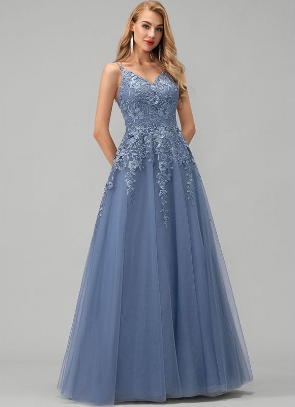 Princesse col v longueur ras du sol tulle robe de bal - gallery 2