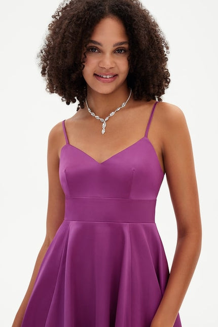 Trapèze col v mini satin de soie robe de bal de promo avec nœud - gallery 6