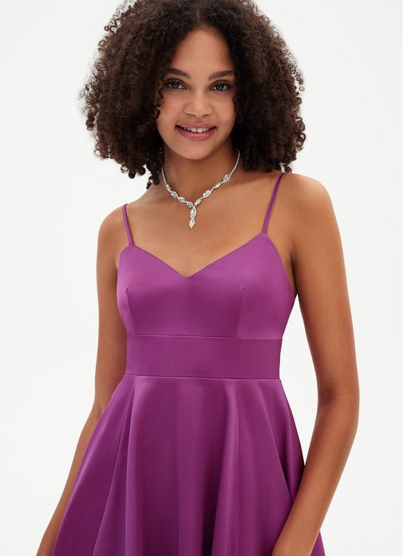 Trapèze col v mini satin de soie robe de bal de promo avec nœud - gallery 6