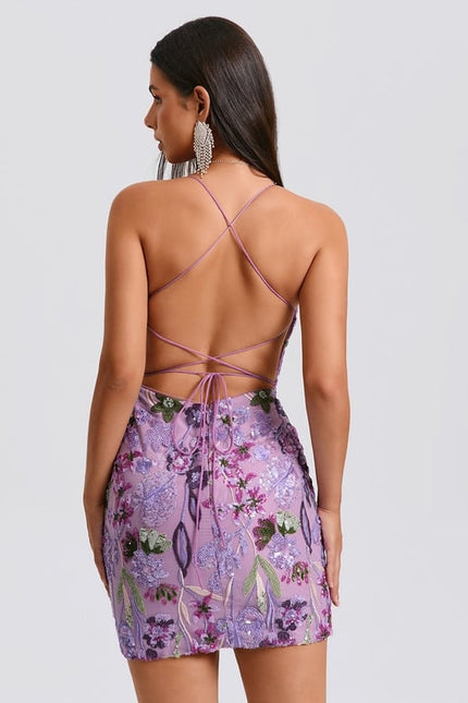 Moulante col rond mini dentelle floral robe de bal de promo avec paillettes broderie - gallery 2