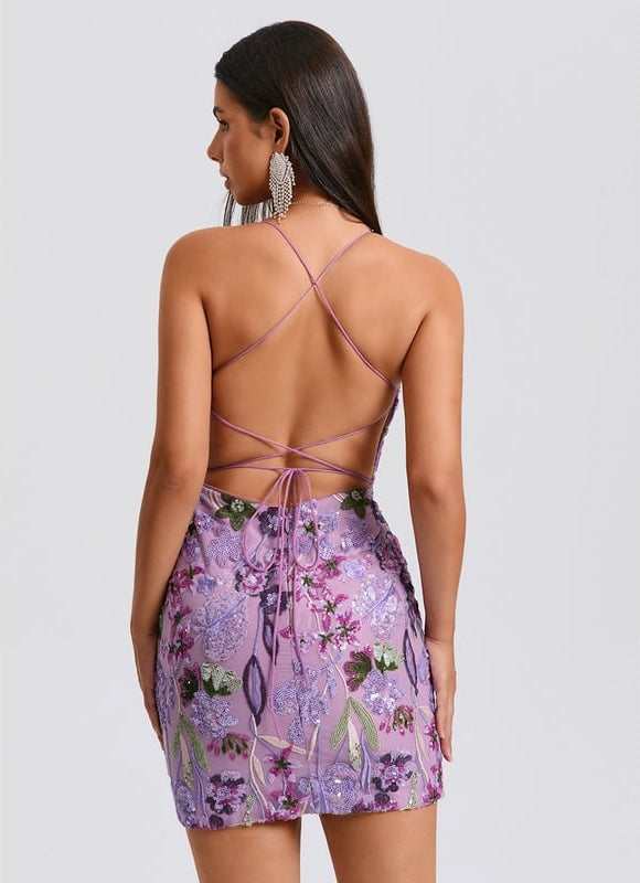 Moulante col rond mini dentelle floral robe de bal de promo avec paillettes broderie - gallery 2