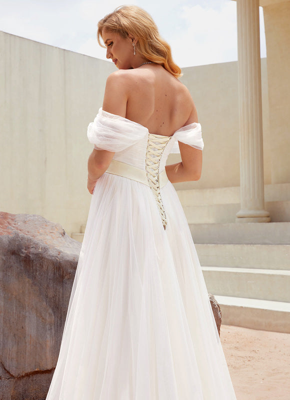 Princesse épaule dénudée traîne balayage tulle robe de mariée - gallery 7