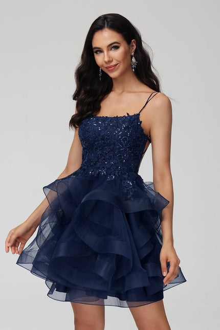 Princesse col rond court tulle dentelle robe de bal de promo avec paillettes - gallery 6
