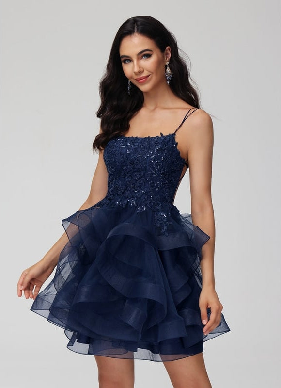 Princesse col rond court tulle dentelle robe de bal de promo avec paillettes - gallery 6