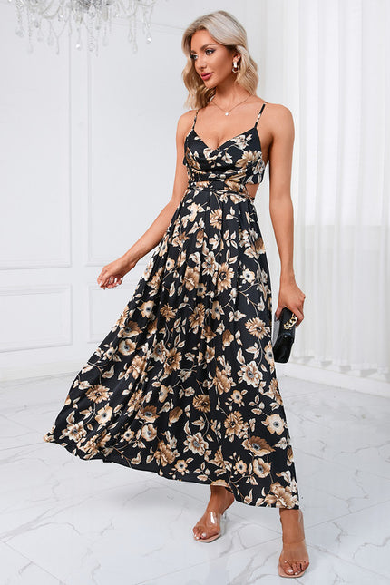 Robe fleurs à volants imprimé fleur col bénitier trapèze satin maxi
